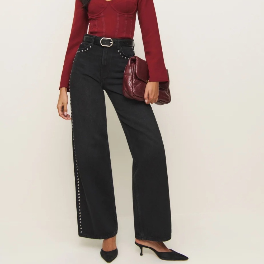 Reformation Black Wide-Leg Studded Jeans